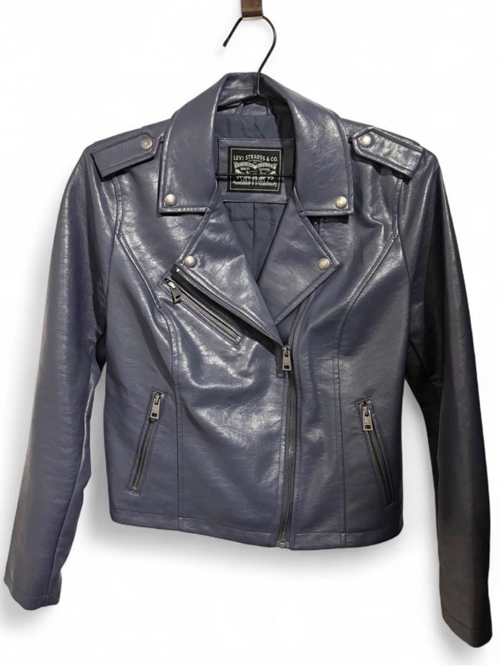 Levi's Women's Grey Blue faux Leather Moto Biker Jacket Blazer